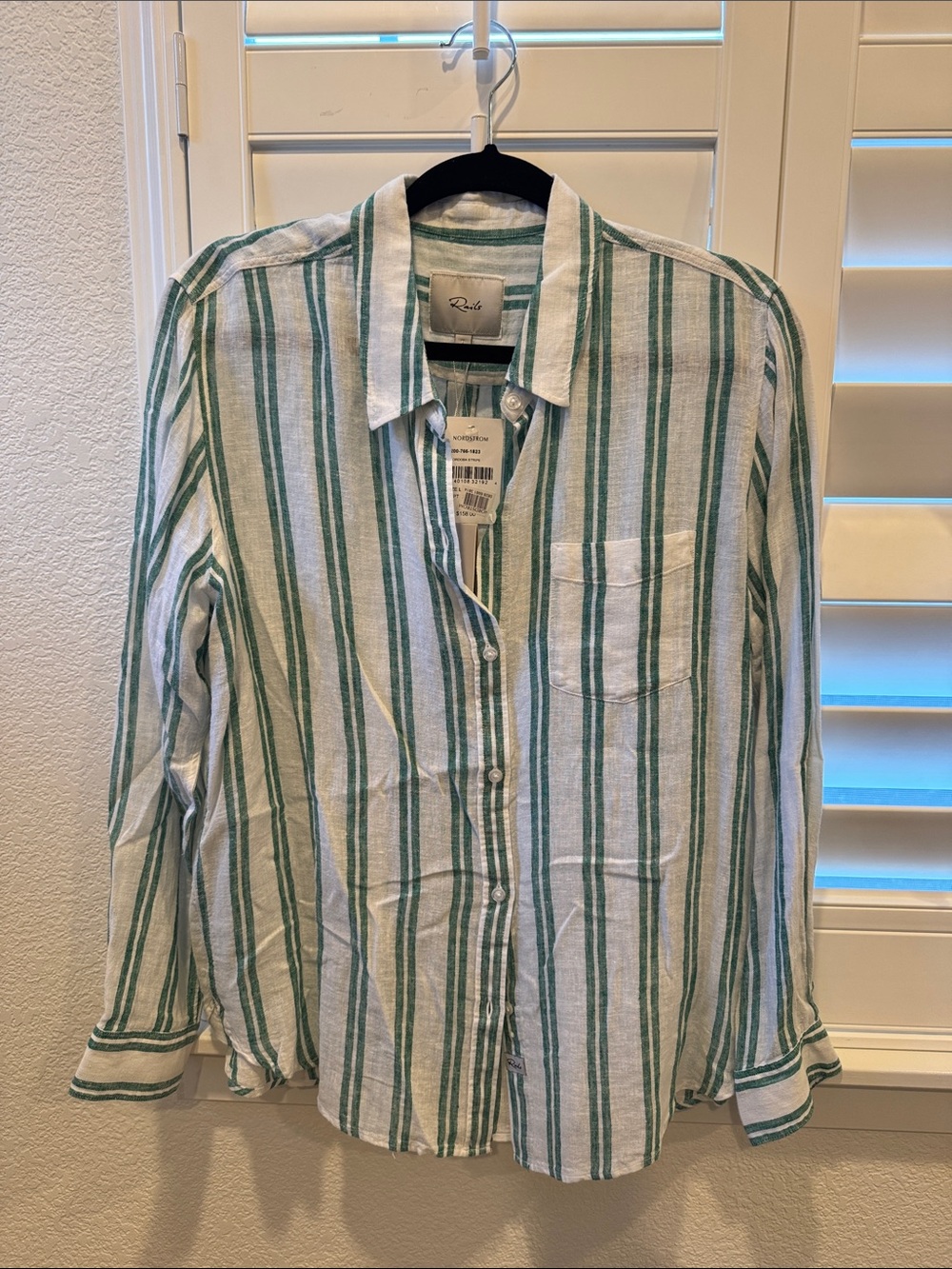 Rails White and Green Vertical-Stripe Button-Down Shirt